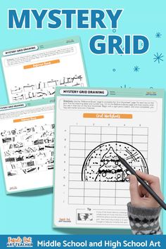 the middle school and high school art mystery grid book is shown in front of a blue background