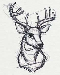 a black and white drawing of a deer's head