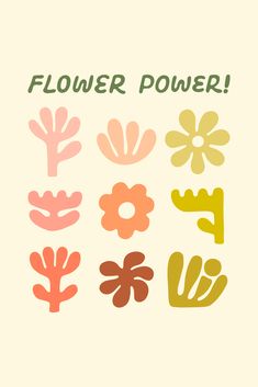 illustration of multiple flowers with text reading flower power Flowers Graphic Design Illustration, Simple Illustration Design, Inner Peace Illustration, Simple Flower Illustration, Flat Flower Illustration