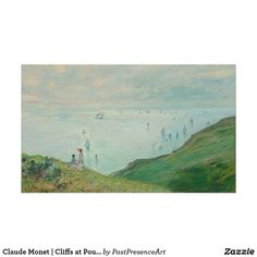 an image of a painting with people on the shore and boats in the water behind it