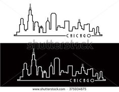 chicago skyline in black and white, with the word chicago on it's side