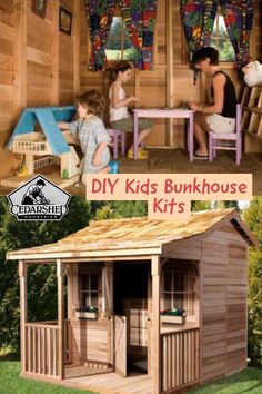 two children are sitting at a table in a wooden shed with the words diy kids bunkhouse kits written on it