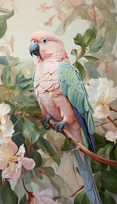 a painting of a pink parrot perched on a branch with white flowers in the background