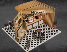 a model of a restaurant with black and white checkered flooring on the ground