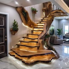 the stairs are made out of wood and have plants growing on them