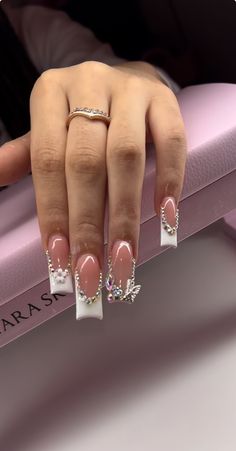 Long Nail Designs With Charms, Clear Gem Nails, Pink Frenchies With Rhinestones, French Tip Nails With Righnstones, Charm French Tip Nails, Frenchies With Gems, French Tip Acrylic Nails With Gems, Pink French Tip Nails With Rhinestones, Extra Birthday Nails Medium Length