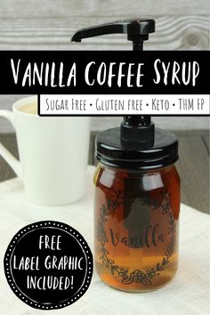 vanilla coffee syrup in a glass jar next to a cup