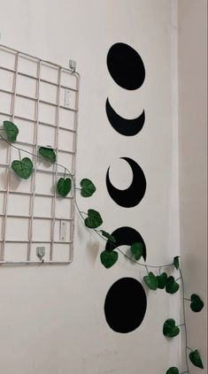 the wall is decorated with black circles and green leaves