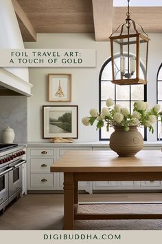 a large vase with flowers on top of a wooden table