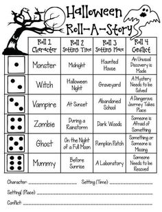 a halloween roll - a - story game with dices and a tree on it