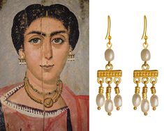 These beautiful dangle earrings are inspired by the Crotalia earrings that were very common in ancient Roman times as documented in the Fayum mummy portraits. Earrings are 24k gold plated accented with four white-ish freshwater cultured pearls. Handcrafted. Arabic Earrings, Roman Earrings, Ancient Earrings, Ancient Jews, Ancient Clothing, Ancient Roman Jewelry, Byzantine Gold, Ancient Greek Jewelry, Ancient Jewels