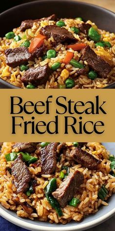 beef steak fried rice in a skillet with peas and carrots