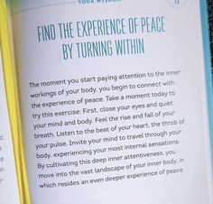 an open book with the words, find the experience of peace by turning within it