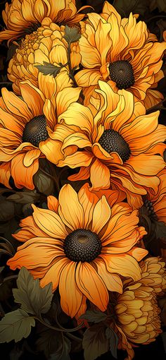 a bunch of sunflowers that are yellow and brown