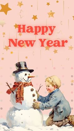 a little boy building a snowman on top of the snow with stars in the background