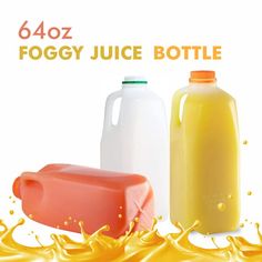 two jugs of juice are next to each other with orange and yellow liquid on them