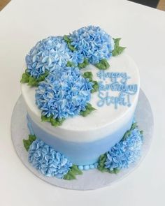 a birthday cake with blue flowers on top