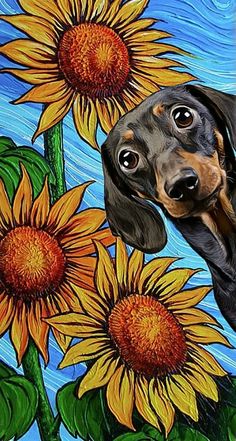 a painting of a dachshund with sunflowers in the background