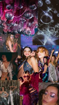 collage of photos with people dressed up in disco outfits and balloons hanging from the ceiling