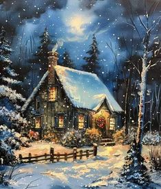 a painting of a house in the snow with trees and lights on it's roof