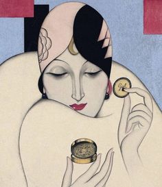 a painting of a woman with her eyes closed and holding a coin in front of her face