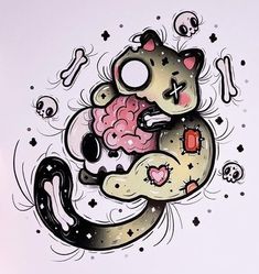 a drawing of a cat with a brain on it's back