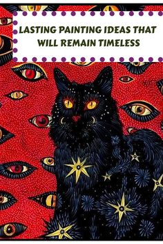 a black cat sitting on top of a red surface next to stars and moon eyes