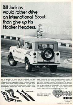 an old advertisement for the international scout car, featuring a jeep driving on a race track