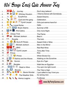 the 80's song emoj quiz answer key is shown in red and white