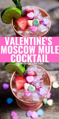 valentine's moscow mule cocktail in copper cups with hearts and mint garnish