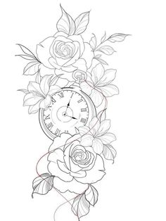 a drawing of a clock and flowers on a white background