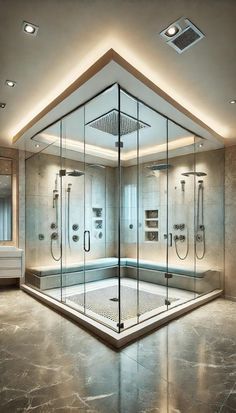 a bathroom with a large glass shower and walk - in shower, surrounded by marble flooring