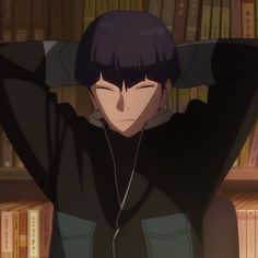 an anime character with headphones on in front of bookshelves and holding his hands behind his head