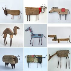 several different types of wooden animals made out of scrap wood and metal parts are shown in this collage