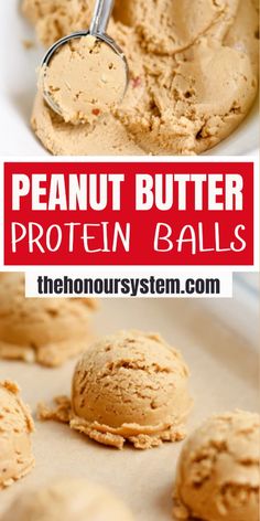 peanut butter protein balls in a white bowl with a spoon on top and text overlay that reads, peanut butter protein balls