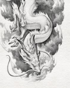 a black and white drawing of a dragon flying through the air with clouds in the background