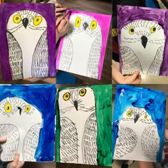 four different pictures of an owl made out of paper and colored pencils, each with yellow eyes