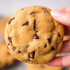 a person holding a chocolate chip cookie in their hand