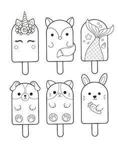 an image of popsicles with animals and unicorns on them in black and white