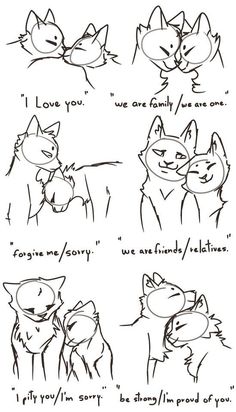 some drawings of cats with different expressions and words on them, including one saying i love you