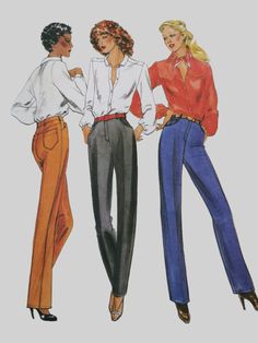 This is 1980s Butterick sewing pattern number 6766 to make a 5 pocket jean look pant with leg width variations. 1980s Fashion Illustration, Tomorrow Monday, 60s Vintage Fashion, Power Dressing, 60s Vintage, 80s Dress, 1980s Fashion