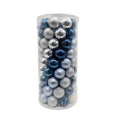 a clear container filled with silver and blue christmas bauble ornament balls