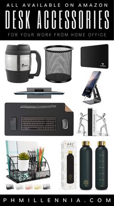 various items are arranged in the shape of a desk with text overlay that reads, all available on amazon's desktop accessories for your work from home office