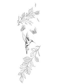 a hummingbird flying through the air with leaves and butterflies on its back side tattoo design