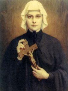 a painting of a woman holding a cross and wearing a nun's headdress