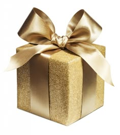 a gold gift box with a bow on it