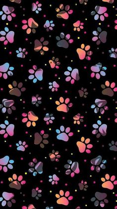 colorful paw prints on a black background with pink, blue and purple dots in the center