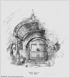 a drawing of a house with an arched door