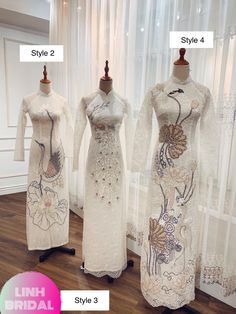 Beautiful traditional Vietnamese Ao Dai made to fit your measurements! Choose between 4 styles: - Style 1 is in white with white lace patterns - Style 2, 3, 4 has colored & white patterns - Price include pants for the bride's Ao dai The dress will need 2-3 weeks to be made. Please send us your body measurements (see last image) after payment. For peace of mind, photos of your dress before shipment can also be sent. Faster shipping available as an upgrade at checkout. Note: Plus sizes (US 12 Luxury Ao Dai For Spring Evenings, Elegant Wedding Dress For Traditional Ceremonies, Traditional Fitted White Wedding Dress, Elegant Fitted Embroidered Fabric For Ceremony, Traditional White Ao Dai For Party, Elegant Embroidered White Lace, Traditional White Wedding Dress For Festive Season, Traditional Ao Dai With Floral Embroidery For Wedding, Fitted White Ao Dai For Ceremonies