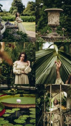 a collage of photos with woman in white dress and lily pads on the ground